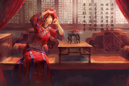 Delicious cherries - cherry, girl, fantasy, red, fruit, wenfei ye, art, asian, china palaeowind, luminos