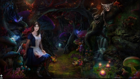 Vale of tears - omrikoresh, mushroom, girl, cheshire cat, fantasy, art, alice madness, wonderland, dark, luminos, vale of tears