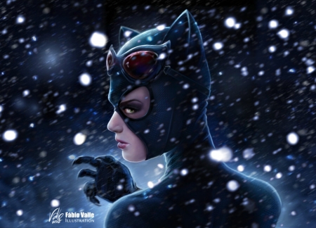 Catwoman - fabiovalle, winter, black, mask, girl, blue, art, white, fantasy, catwoman, woman, snow