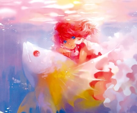 Last summer - anime, water, yellow, girl, sea, pink, lee kyunghee, manga, underwater, red, last summer, fish, art