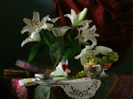 Still Life - flowers, books, fruits, glasses