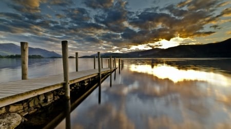 pier ramp in a lake - reflections, pier, lake, clouds, ramp, pylons