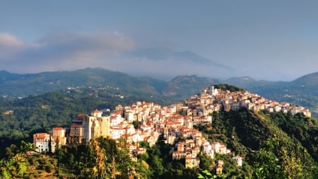 hilltop village - mountains, forests, clouds, village, hills