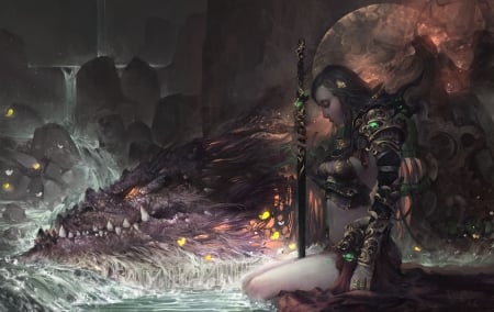 Dragon Cave - pretty, cave, female, armor, dragon, fantasy woman, weapon, art, abstract, beautiful, sword, fireflies, knight, black, fantasy, lady, woman