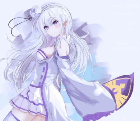 Emilia - pretty, anime, female, dress, long hair, white hair, purple, anime girl, beautiful, girl, beauty, lovely, sweet, white, lady, woman, soft, cute