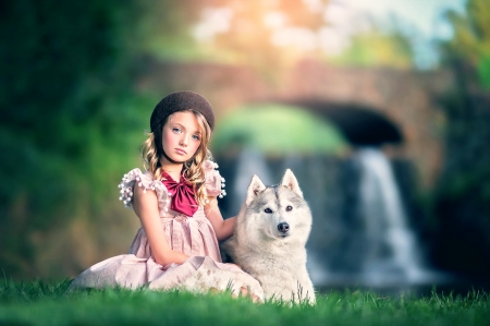 Little Red Riding Hood - summer, wolf, girl, dog, copil, child, ashlyn mae, little red riding hood, green, cute, caine