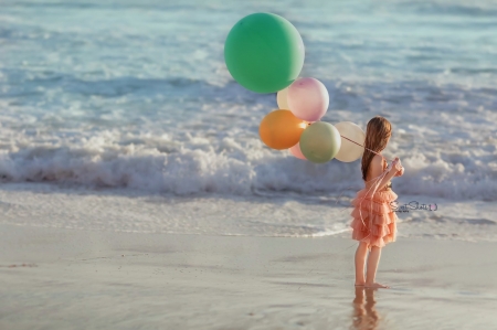 Summer - water, summer, blue, balloon, beach, dress, girl, sea, copil, orange, child, green, little, wave