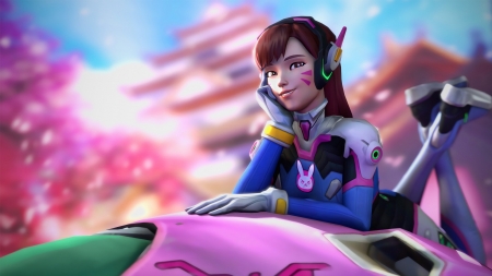 D.Va - pink, overwatch, game, girl, blue, art, d va, fantasy, woman