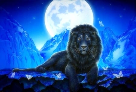 Moonlit Lion - moons, butterfly designs, attractions in dreams, paintings, lion, mountains, love four seasons, animals