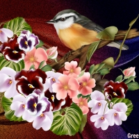 BIRD WITH PANSIES