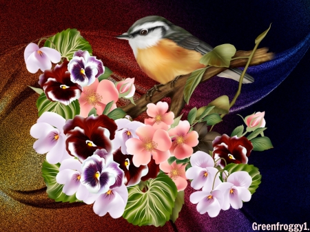 BIRD WITH PANSIES - LITTLR, CUTE, CREATION, BIRD