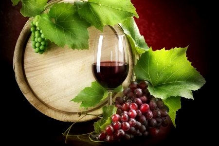 A Glass of Wine - grapes, fruit, barrel, leaves