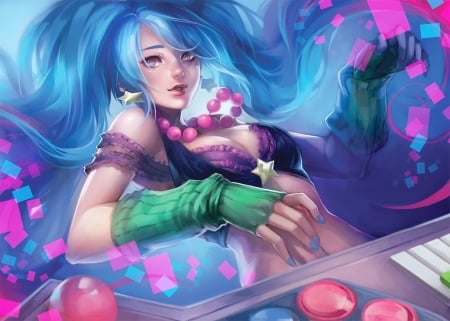 Sona - pretty, anime, beautiful, girl, beauty, lovely, pink, long hair, sweet, purple, blue hair, cute, video game, League of Legends