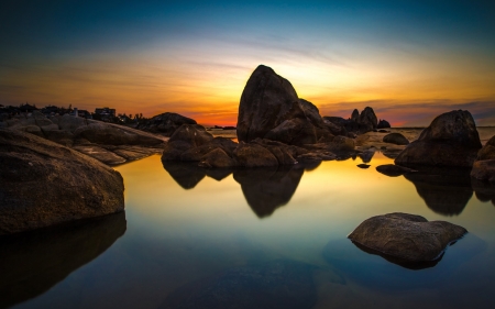 Sunset - sunset, ocean, stones, rocks