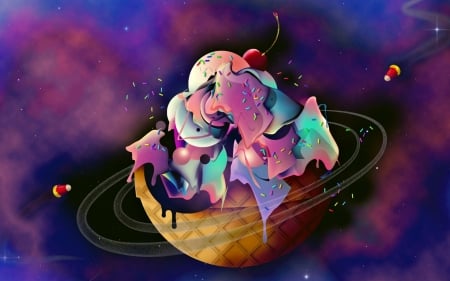 Ice cream planet - funny, pink, sweet, ice cream, blue, fantasy, cosmos, planet, corn