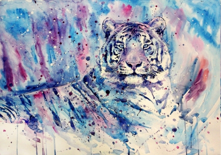 Tiger - white, painting, art, pink, blue, animal, pictura, tiger