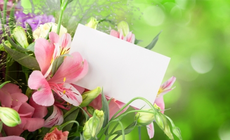 Happy Birthday! - summer, flower, pink, birthday, alstroemeria eustoma, bouquet, white, card, bokeh, green