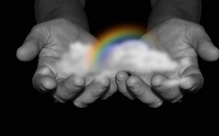 For you! - black, white, hand, rainbow, cloud, bw, man