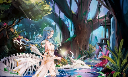 Hatsune Miku - bones, girl, water, white, forest, vocaloid, blue, anime, tree, skeleton, manga