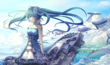 Hatsune Miku - hatsune miku, whale, girl, aoiakamaou, wind, white, cloud, vocaloid, blue, anime, dress, manga