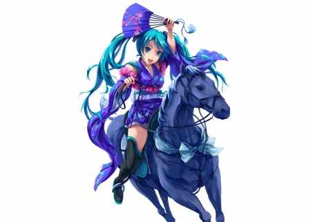 Hatsune Miku - hatsune miku, fan, girl, pixco, white, purple, horse, pink, vocaloid, blue, anime, animal, green, manga