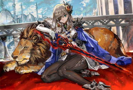 Maiden - anime, blue, maiden, girl, sword, manga, red, ran ou, lion, art