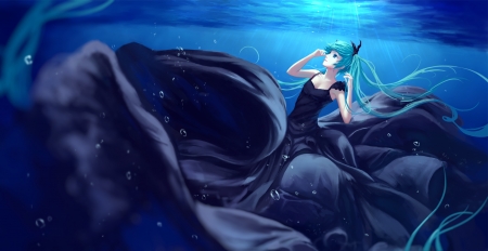 Hatsune Miku - summer, sombernight, water, bubbles, vocaloid, anime, girl, dress, manga, luminos, hatsune miku