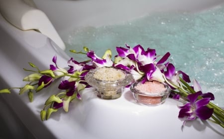 Luxurious Bathroom - orchids, body care, beauty spa, water, salt, pool