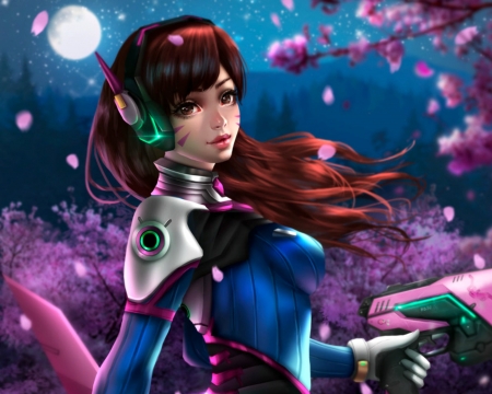 D.Va - pink, overwatch, renaillusion, spring, game, sakura, girl, luna, redhead, blue, art, white, d va, fantasy, moon