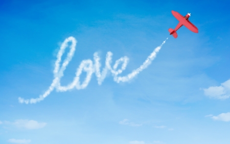 Love - love, sky, smoke, valentine, airplane, white, cloud, pink, blue, card