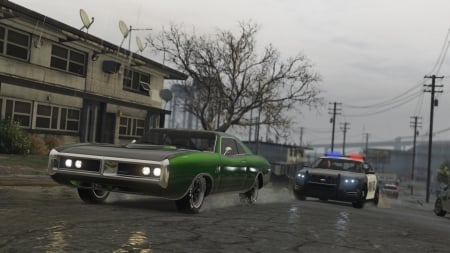 Grand Theft Auto V - rain, video game, night, gta v, cars, rockstar games, gta 5, police, gaming, grand theft auto 5, grand theft auto v, open world, gta, town, game, muscle car