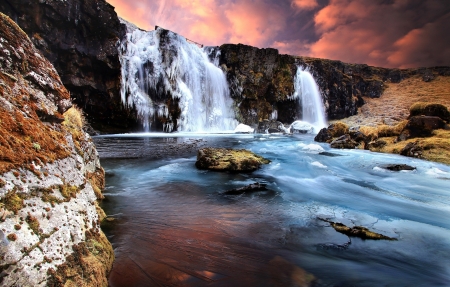 Waterfall - clouds, river, sunset, water, rocks, sky