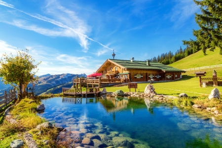 Mountain chalet with simming pond - greenery, summer, pond, vacation, beautiful, landscape, rest, mountain, lake, chalet, sky, restaurant, swim