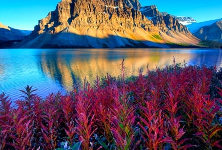 Sunlight over rocky Hills - nature, lake, hills, sun