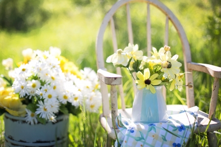 Summer Still Life - chair, table, flowers, bouquet, garden, vase