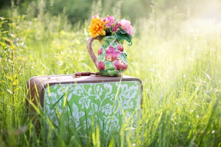 Garden Still Life - suitcase, bouquet, summer, flowers, vase