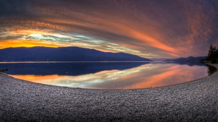 sunset over pebble lake - clouds, shore, sunset, pebbles, lake, mountain