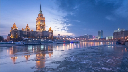 frozen river in moscow - boats, river, city, frozen, dusk