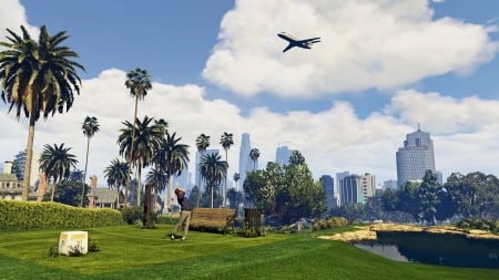 Grand Theft Auto V - clouds, game, trees, city, open world, GTA V, rockstar games, Grand Theft Auto V, plane, GTA, Grand Theft Auto 5, GTA 5, Downtown Los Santos, gaming, video game