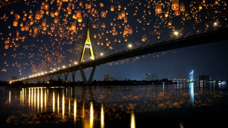 lanterns above a bridge - river, lights, lanterns, night, bridge