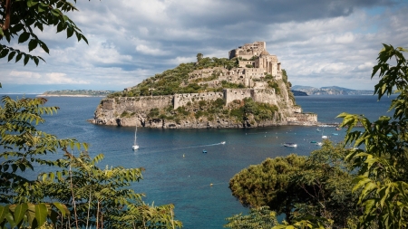 monastery on an island off italian coast - trees, coast, fortress, island, sea, monastery