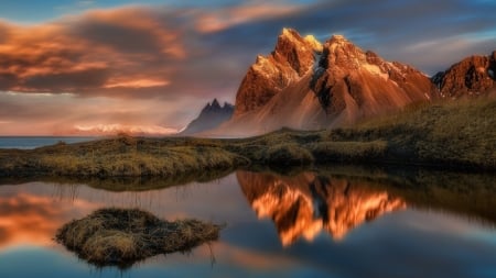 reflected mountain in a pool hdr - reflections, clouds, bat, pool, hdr, grass, mountain