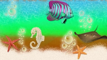 under the sea - seahorse, purple fish, lots of bubbles, psp stamps, stingray