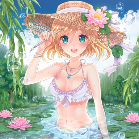 Water Lilies - anime, kawaii, female, water lilies, maiden, blonde, happy, short hair, bikini, blond, lotus, anime girl, water, beautiful, hot, pond, girl, blonde hair, beauty, flower, smile, cute, sexy