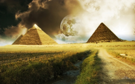 pyramids - moon, pyramid, field, grass