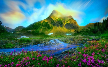 Mountains under blue Sky - Mountain, Nature, Flowers, Sky