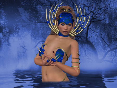 River Goddess - trees, blue, river, fantasy, goddess