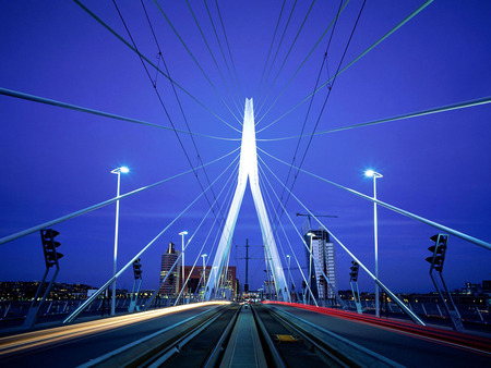 Erasmus bridge, Rotterdam - blue, modern, night, netherlands, bridge