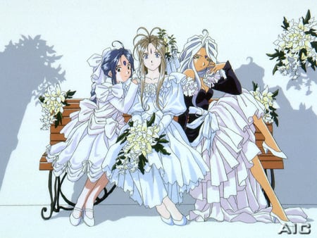 Ah My Goddess - flowers, anime, wedding, bench, bouquet, three