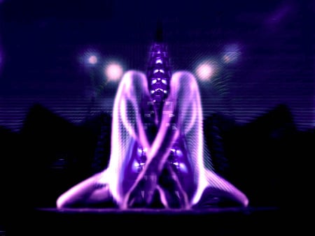 Purple Fantasy - laying, purple, woman, tower, lights, skyscraper, building